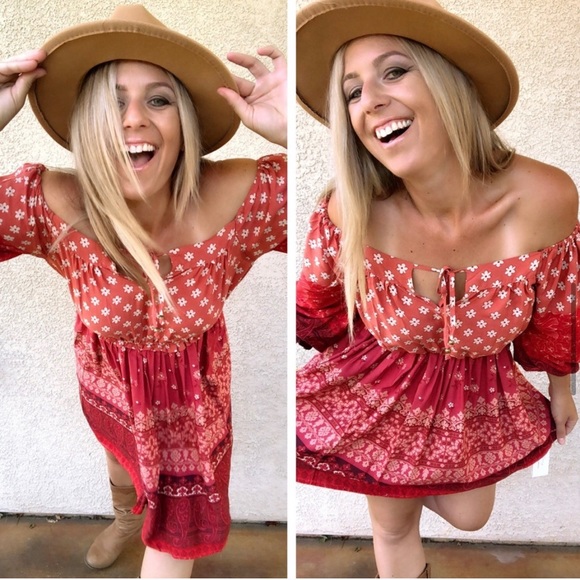 New! Clearance 🔥 Desert Red Boho Off theShoulders Ruffle Dress - Picture 11 of 15